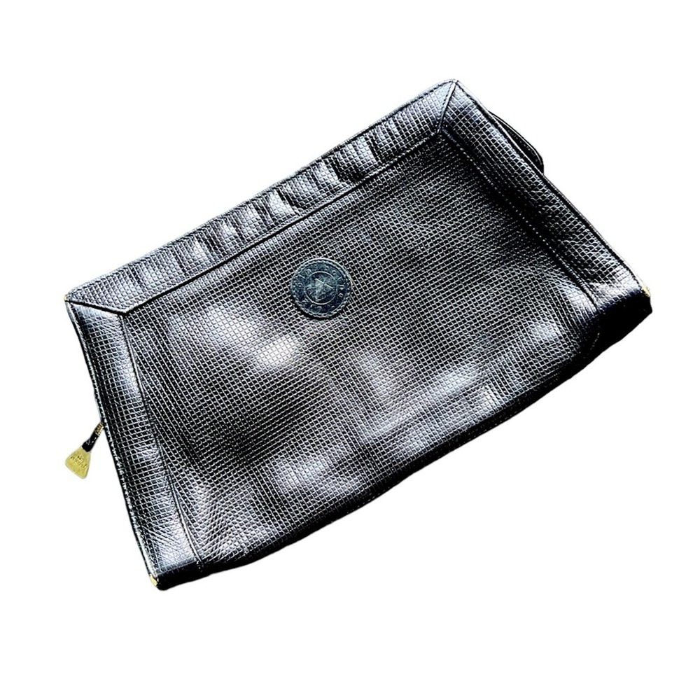 Liz Claiborne | Vintage Black Textured Leather Clutch Bag 1980’s Zipper Closure